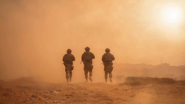 Armed infantrymen walking through thick dust cloud during desert mission