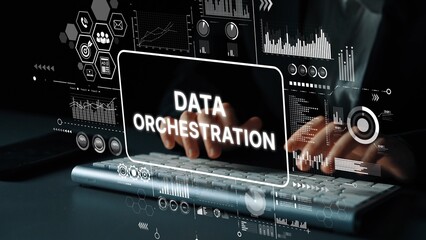 Business Professional Engaged in Data Orchestration with Digital Interface and Graphical Elements...
