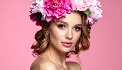 Naklejka premium Pretty woman with pink flower crown, soft curls, and light makeup against a solid pink background