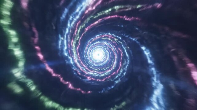 A swirling, colorful vortex, spiraling into a bright, white light. The vortex shows various colors