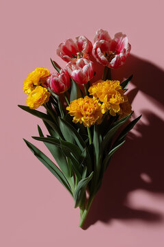 Pink tulips and yellow ranunculus arranged as a bouquet on a pink background with dramatic shadow. Close-up studio composition of spring flowers on pink paper. Spring, Mother's Day, Easter, gift.
