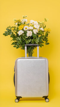 Modern suitcase filled with spring flowers on a pastel studio background. Travel case overflowing with spring flowers in a minimalist composition. Spring, travel, Easter, gift.