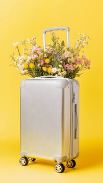 Modern suitcase filled with spring flowers on a pastel studio background. Travel case overflowing with spring flowers in a minimalist composition. Spring, travel, Easter, gift.