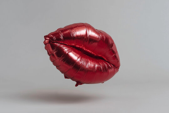 Lip fillers, augmentation concept. A red lips-shaped foil balloon floating on a white studio backdrop. Glossy red kiss balloon. Valentine's, romance, love, party, celebration, decoration.