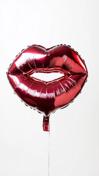 Lip fillers, augmentation concept. A red lips-shaped foil balloon floating on a white studio backdrop. Glossy red kiss balloon. Valentine's, romance, love, party, celebration, decoration.