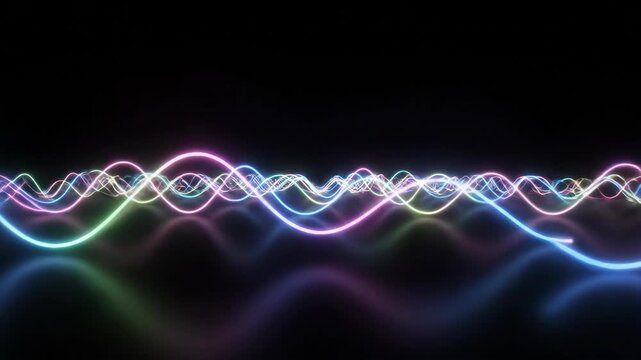 A mesmerizing abstract artwork featuring vibrant, neon-colored waves against a black backdrop, creating a sense of energy and motion