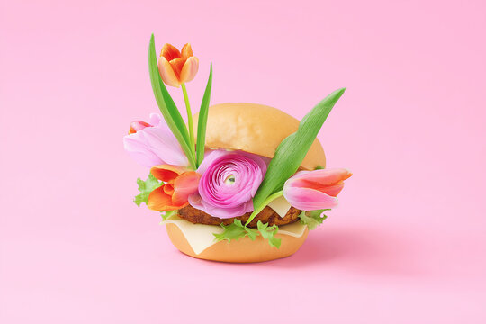 Burger bun filled with ranunculus and tulips on a pastel pink background. A floral sandwich staged close-up in studio lighting. Spring, Easter, Mother's Day, floral art, celebration, creative food.