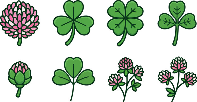 Flat design red clover flowers and three leaf clover icons close up set on white background soft outline