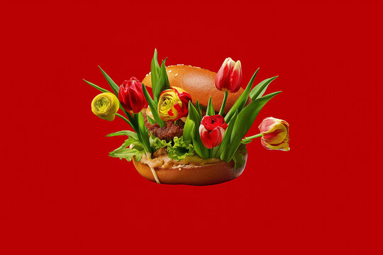 Burger bun filled with ranunculus and tulips on red background. A floral sandwich staged close-up in studio lighting. Spring, Easter, Mother's Day, floral art, celebration, creative food.