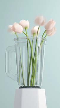 Soft pink tulips in a clear kitchen blender on a pale blue studio backdrop. Delicate tulip stems fill a glass blender jar in a minimalist studio scene. Spring, Easter, Mother's Day, creativity, diet
