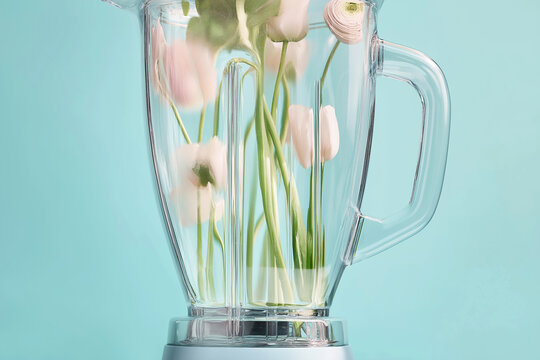 Soft pink tulips in a clear kitchen blender on a pale blue studio backdrop. Delicate tulip stems fill a glass blender jar in a minimalist studio scene. Spring, Easter, Mother's Day, creativity, diet