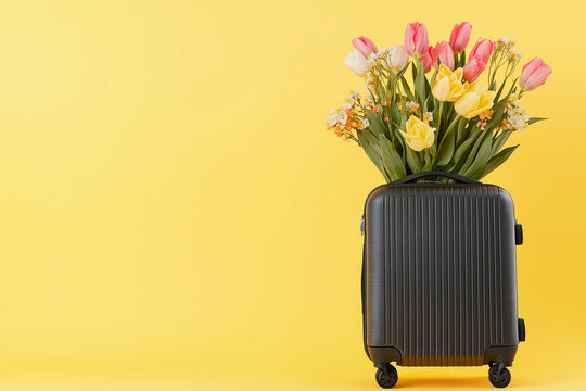 Modern suitcase filled with pink and yellow tulips on a pastel studio background. Travel case overflowing with spring flowers in a minimalist composition. Spring, travel, Easter, gift.