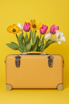 Old style suitcase filled with spring flowers on a pastel studio background. Travel case overflowing with spring flowers in a minimalist composition. Spring, travel, Easter, gift.