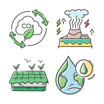 Carbon neutral and environmental icons: CO2 cycle, volcano, green roof, and earth with water drop.