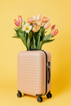 Yellow suitcase filled with pink and yellow tulips on a pastel pink studio background. Travel case overflowing with spring flowers in a minimalist composition. Spring, travel, Easter, gift.