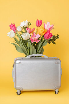 Modern suitcase filled with pink and yellow tulips on a pastel studio background. Travel case overflowing with spring flowers in a minimalist composition. Spring, travel, Easter, gift.