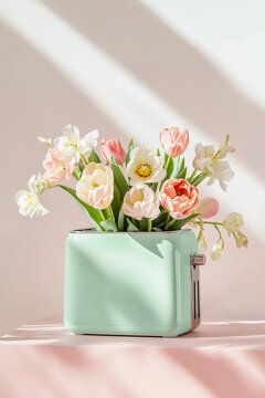 Tulips and ranunculus in a mint toaster vase on a table with slanted sunlight. Repurposed toaster holds a bouquet, bathed in warm side light. Spring, Mother's Day, Easter, home decor, minimalism.