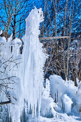 Beautiful ice sculpture with large icicles, detail.
