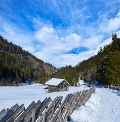 Beautiful winter hike in the Hollersbach Valley, in the Salzburg region near Bramberg, Austria.