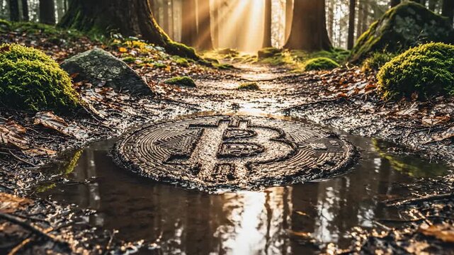 A bitcoin replica submerged in a puddle on a forest path with sun rays shining through trees in the background