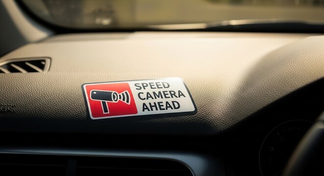 Speed Camera Warning Sign: Close Up View of Alert on Vehicle Dashboard