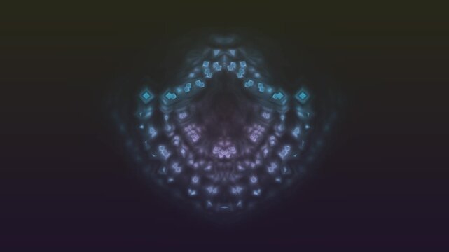 Symmetrical abstract fractal pattern of glowing blue and purple dots on a dark gradient background, resembling an ornate digital emblem.