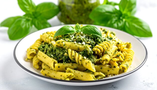 Pesto-dressed pasta penne & rotini tossed in vibrant green sauce, topped with fresh basil, jar, all on a white plate