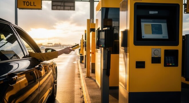 Paying Toll With Card At The Highway, Modern Way Of Transportation, Sunset Road Trip
