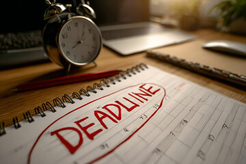 Deadline calendar notebook alarm clock reminder schedule office work planning Urgent deadline marked red calendar notebook with alarm clock wooden desk warm office light creating focused pressure