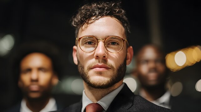 Young man with glasses and beard looks directly at camera