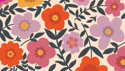 Colorful Floral Pattern, Retro Flower Seamless Design, Botanical Decorative Background.