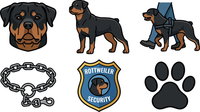Flat vector rottweiler security icon set showing head and full body walking with harness chain collar badge and paw print