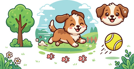 Fototapeta premium Flat design playful puppy running in grassy park chasing yellow ball with smiling face close up aerial view bright spring