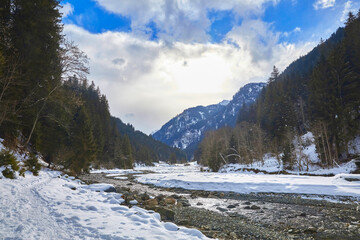 Beautiful winter hike in the Hollersbach Valley, in the Salzburg region near Bramberg, Austria.