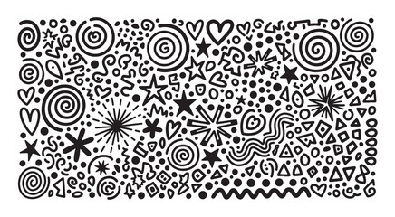 A playful hand drawn doodle featuring stars hearts spirals and geometric shapes in black ink on a white background © Arshad