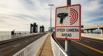 Speed Camera Warning Sign On Bridge Indicates Traffic Safety Measures And Surveillance