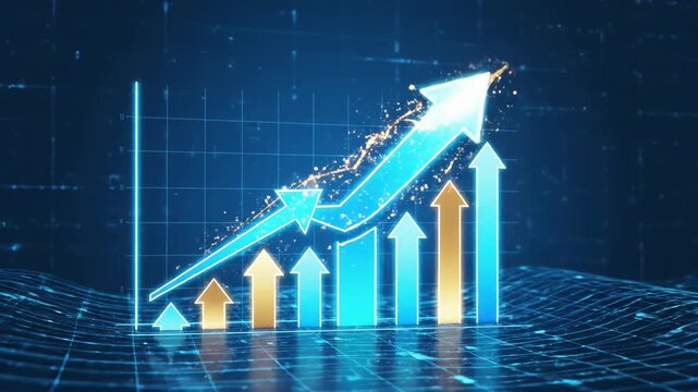 Business growth graph illustration showing upward trend with glowing blue arrows representing success and progress in a digital environment