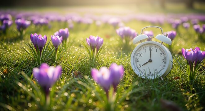 White Alarm Clock on Dewy Grass Surrounded by Blooming Purple Crocuses at Sunrise, Symbolizing Spring Forward Time Change