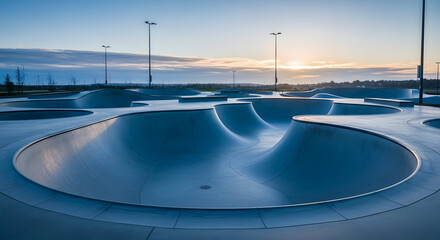Naklejka premium Modern concrete skatepark at sunset with smooth curves and bowls perfect for extreme sports and outdoor recreation activities