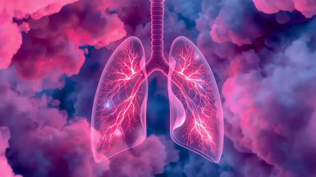 Glowing Pink Human Lungs With Bronchial Tubes Floating In Vibrant Purple And Pink Clouds