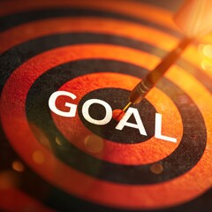 Obraz premium Close-up of golden dart hitting the center of bullseye on target board with GOAL text representing success