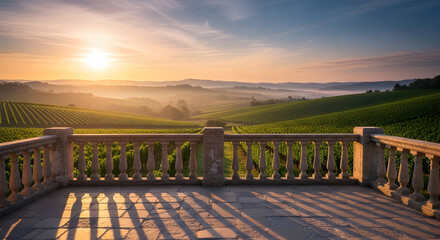 Fototapeta premium Breathtaking vineyard landscape at sunrise with a stone balcony offering a panoramic view of rolling hills and morning mist bathed in golden light