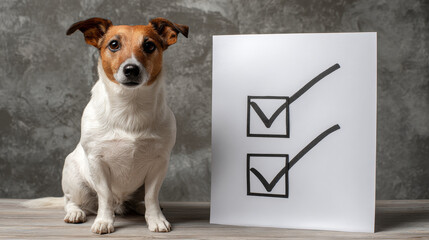 Dog pet terrier checklist wood table white brown poster symbol curious dog with checklist poster wood table, small terrier pet sitting indoors near large paper with check mark symbol