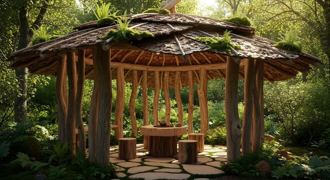 Rustic wooden gazebo crafted with natural log pillars and a textured bark roof, beautifully nestled within a vibrant, sunlit forest, offering a tranquil space with a simple wooden table and three stum