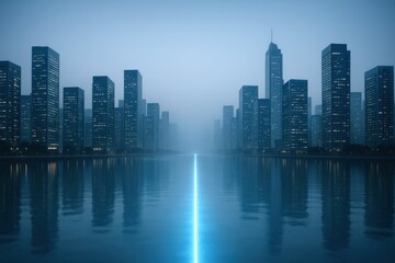 Obraz premium Futuristic Cityscape at Night with Glowing Light Reflection in Water, Urban Skyline View