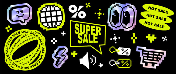 Neon green and holographic pixel super sale stickers set in retro Y2K cyber style. Cool ecommerce icons, discount labels, promo badges, shopping symbols for online store advertising, retail promotion © Mariia