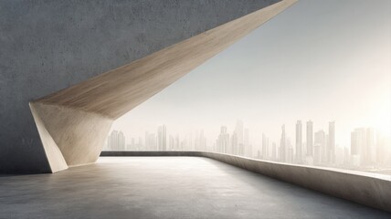 Fototapeta premium Modern Architecture Overlooking City Skyline, Providing Bright, Open Space with Concrete Structure and Urban View