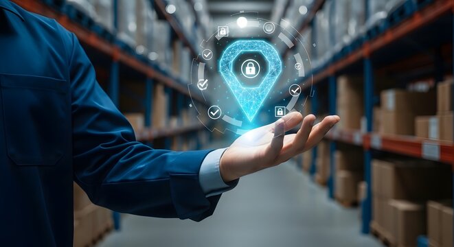 Digital tracking and secure management in a modern warehouse environment, showcasing innovative logistics technology for efficient supply chain operations