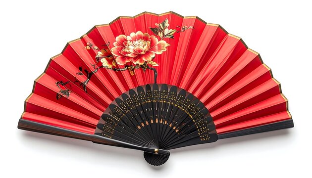Ornate red hand fan with black trim and floral artwork, isolated on white; partially opened, casting shadow