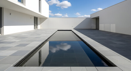 Obraz premium Modern minimalist courtyard with a long rectangular reflecting pool and clean white walls under a bright blue sky with scattered clouds